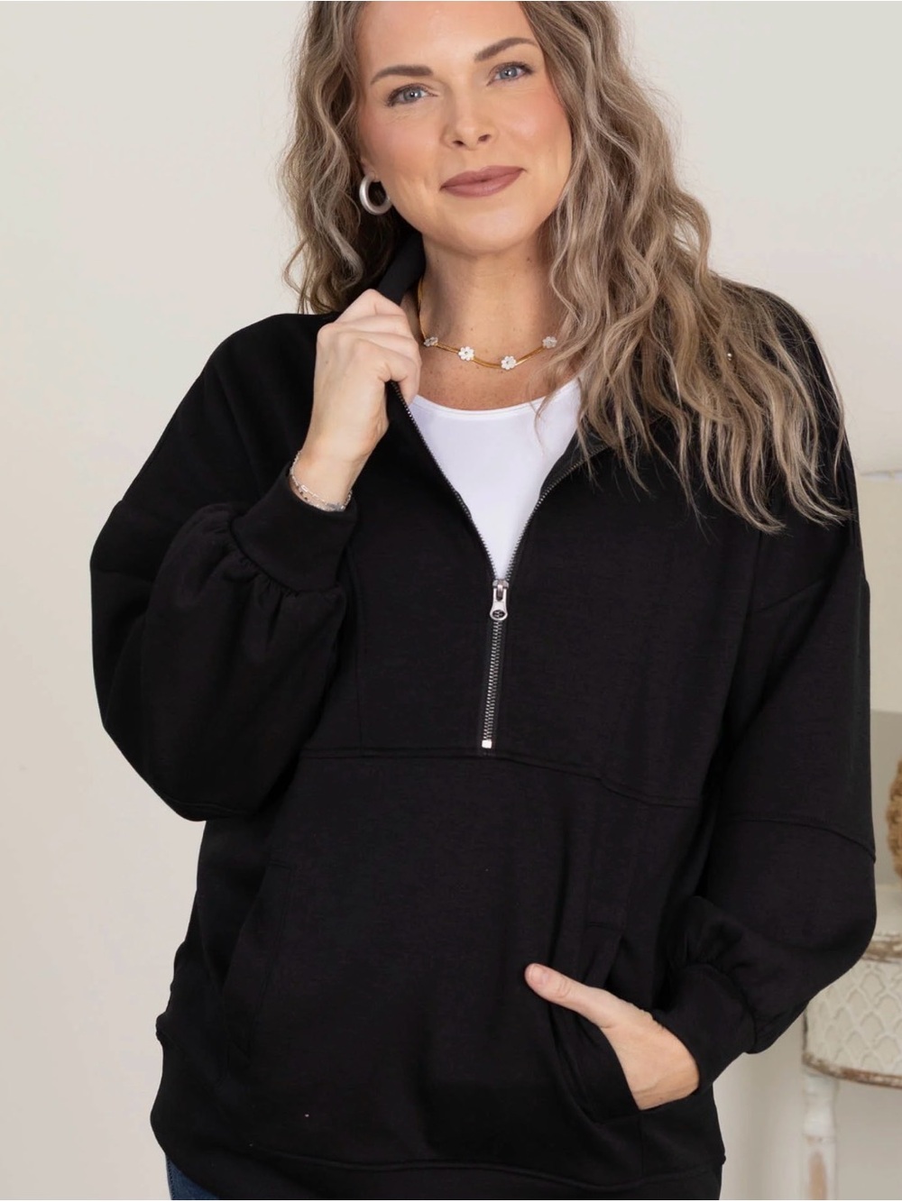 NEW Black Half-Zip Pullover Sweatshirt - Classic Everyday Top Size M- Runs LARGE